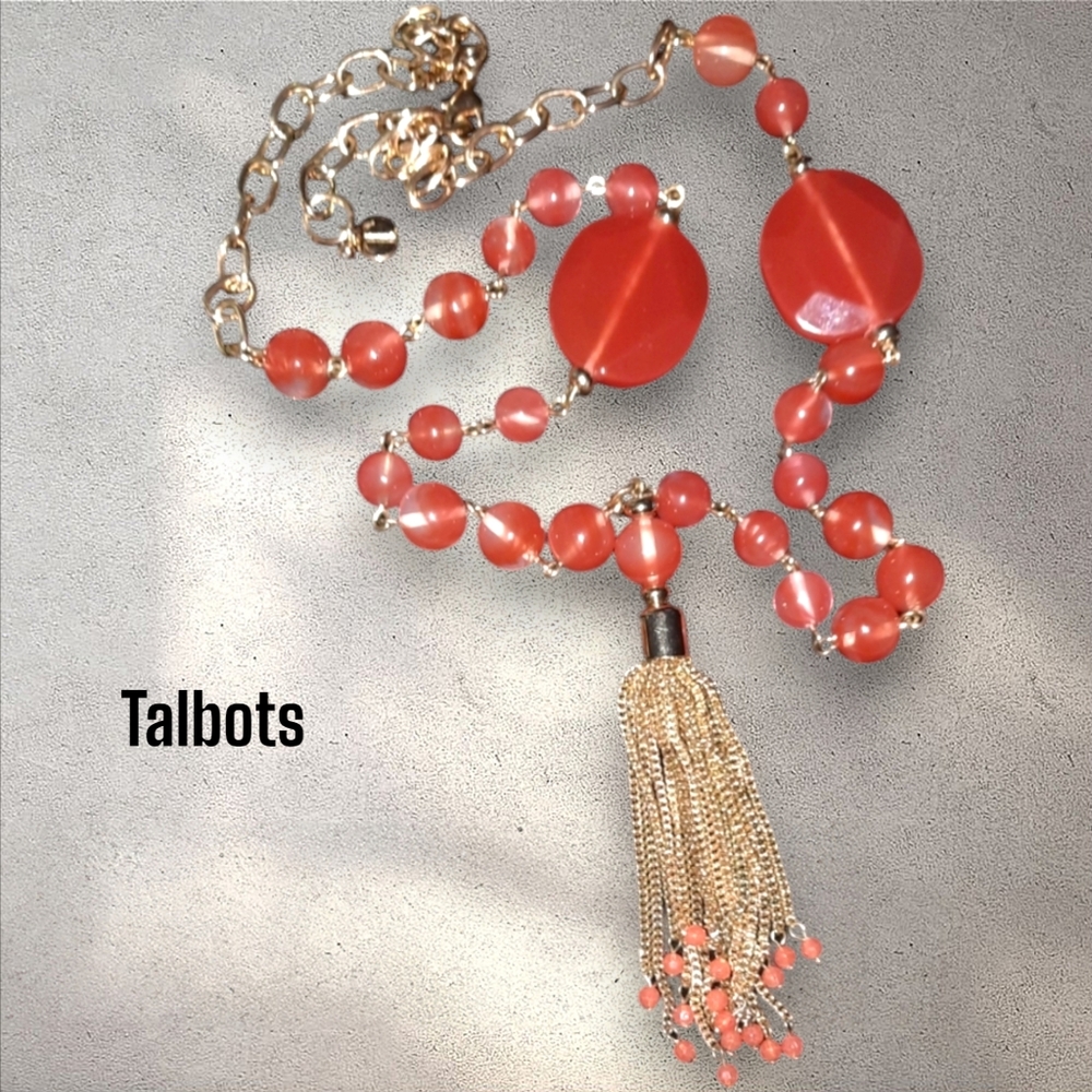 TALBOTS Coral/Burnt Peach Color Lucite Beaded GoldTone Tassel Necklace